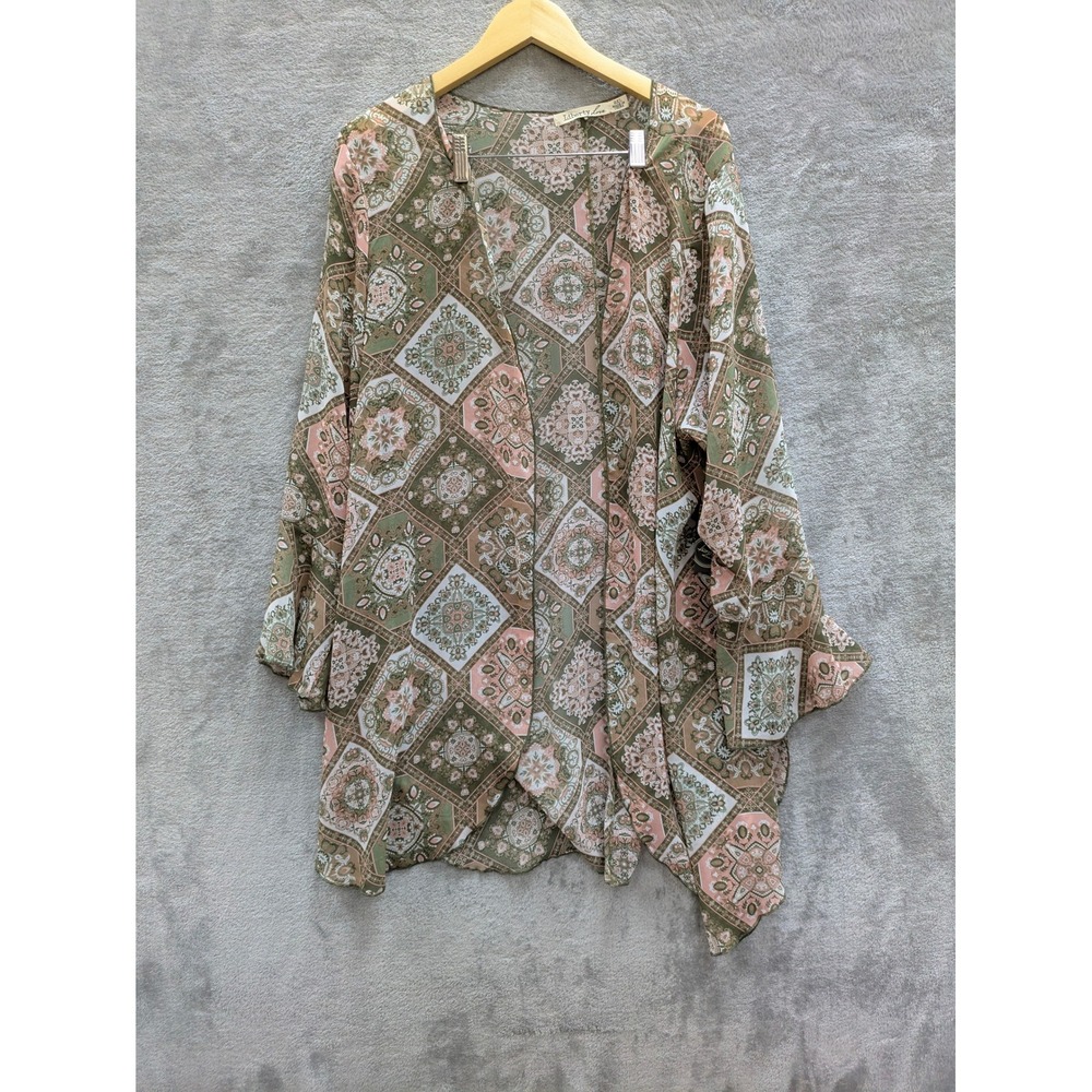 Boho Paisley Kimono Cardigan Women 2XL Green Pink Geometric Bell Sleeve NWT